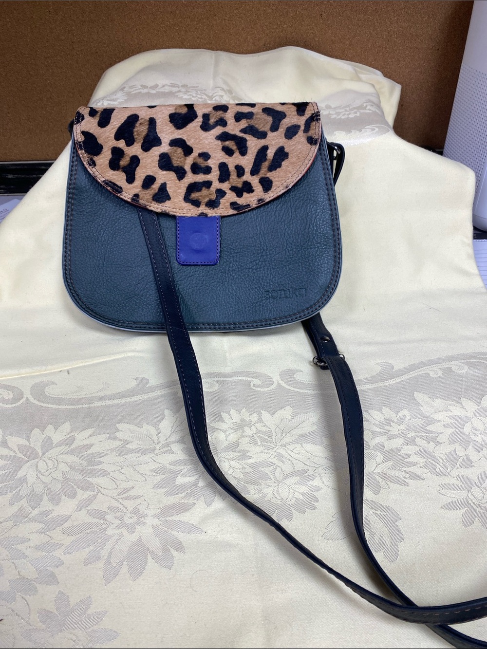 Compact Navy Crossbody with Leopard-Print Flap